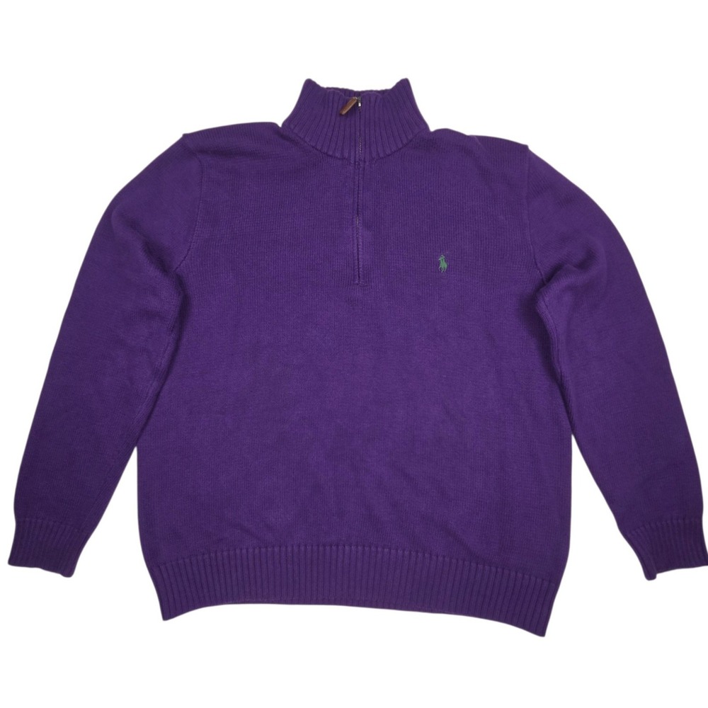 Polo Ralph Lauren Sweater XL Purple Cotton Quarter Zip Mock Neck Pullover Pony